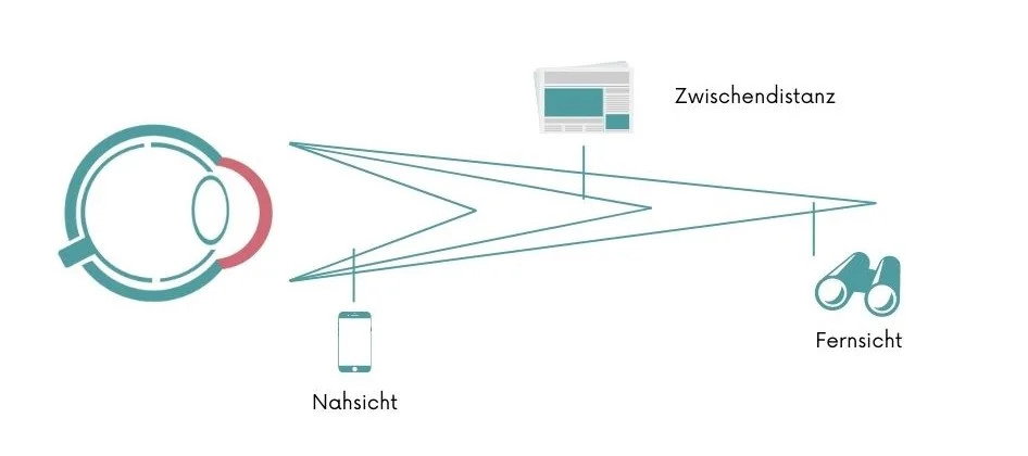 Zu sehen ist ein Augapfel, anhand dessen Sehradius Nah-, Mittel- und Fernsicht erklärt wird